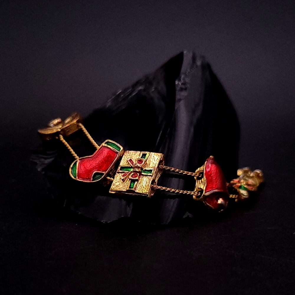 Vintage Enamel Christmas Slider Charm Bracelet Goldtone Holiday Jewelry 1960s
